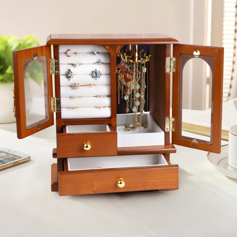 Kendal Wooden Jewelry Box for Women, Solid Jewelry Holder Organizer, Mothers Day Gifts, Wood Jewelry Case with Mirror for Necklaces, Earring, Rings (2 Side Door, Brown) - Image 5
